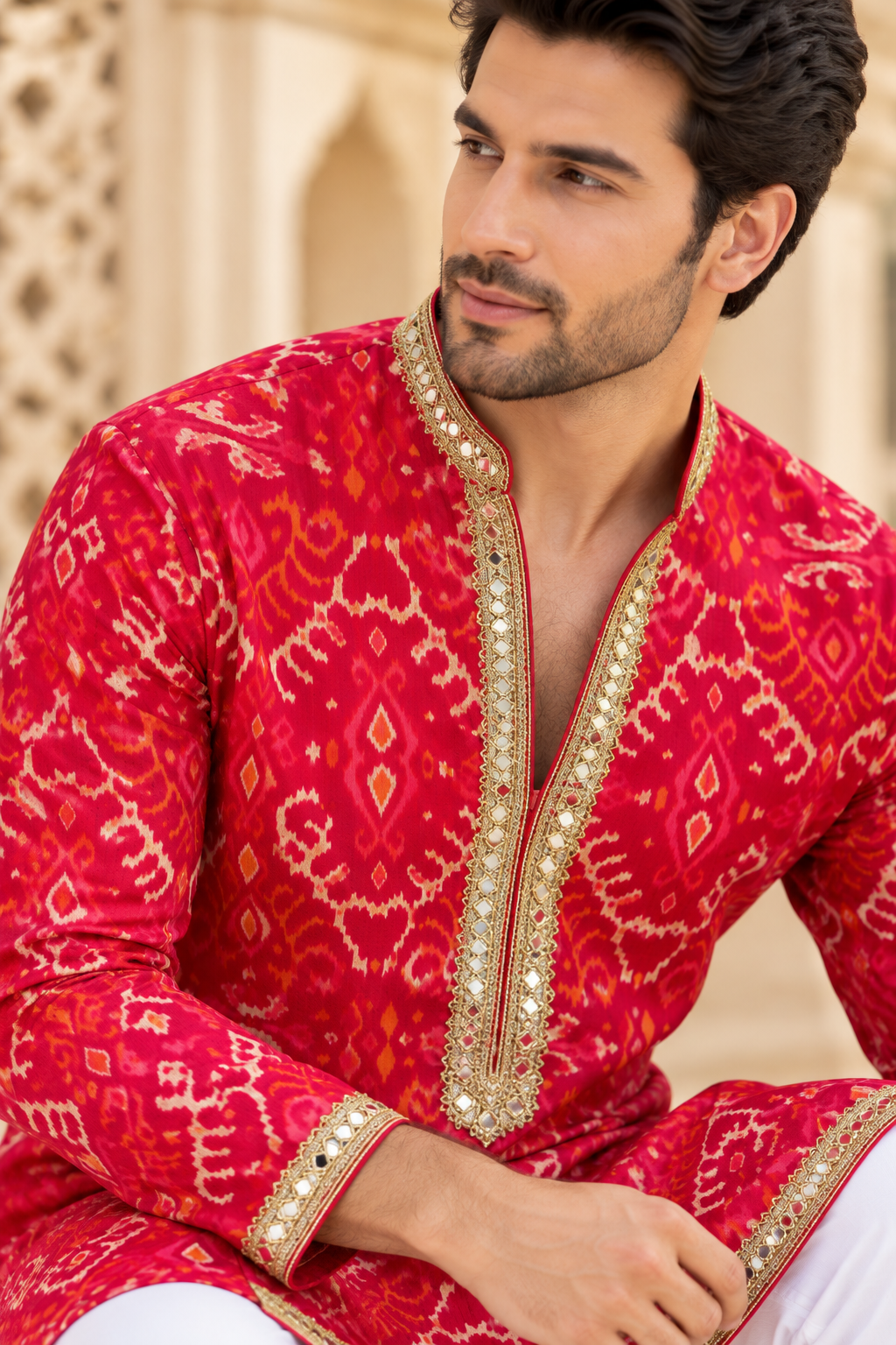 KPD6097 V-Neck Printed Pink-i orange Kurta with Mirror Work Border & White Pyjama Set