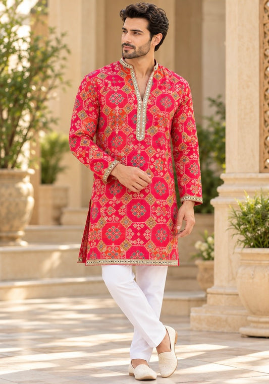 KPD6099 V-Neck Rani Pink Printed Kurta with Work Lace Border & White Pyjama Set