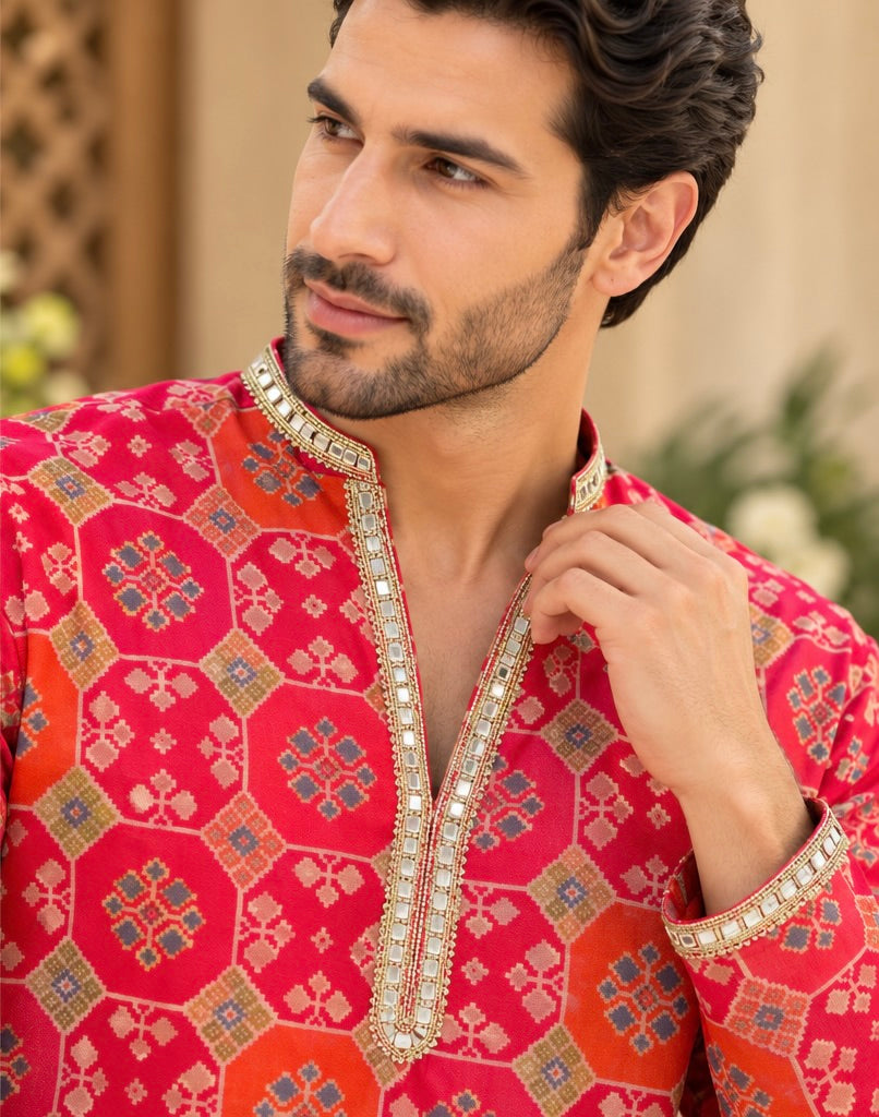KPD6099 V-Neck Rani Pink Printed Kurta with Work Lace Border & White Pyjama Set