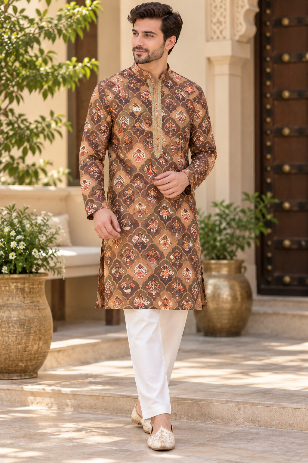 KPD6011 V-Neck Mocha Brown Printed Kurta with White Pyjama Set