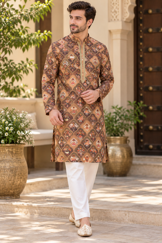KPD6011 V-Neck Mocha Brown Printed Kurta with White Pyjama Set