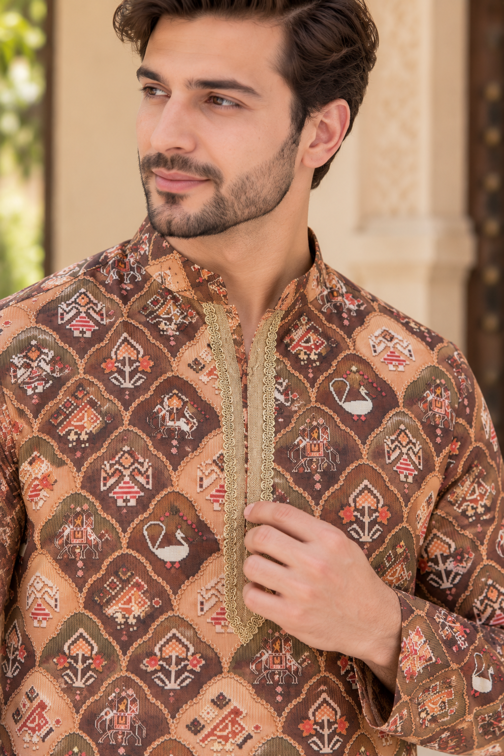 KPD6011 V-Neck Mocha Brown Printed Kurta with White Pyjama Set