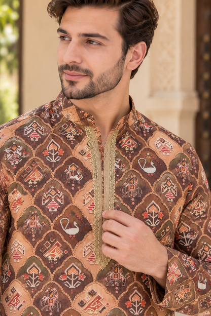 KPD6011 V-Neck Mocha Brown Printed Kurta with White Pyjama Set