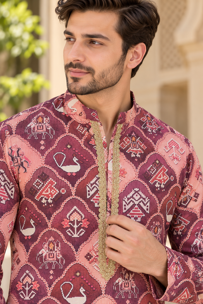 KPD6012 V-Neck Dusty Rose & Wine Printed Kurta with White Pyjama Set