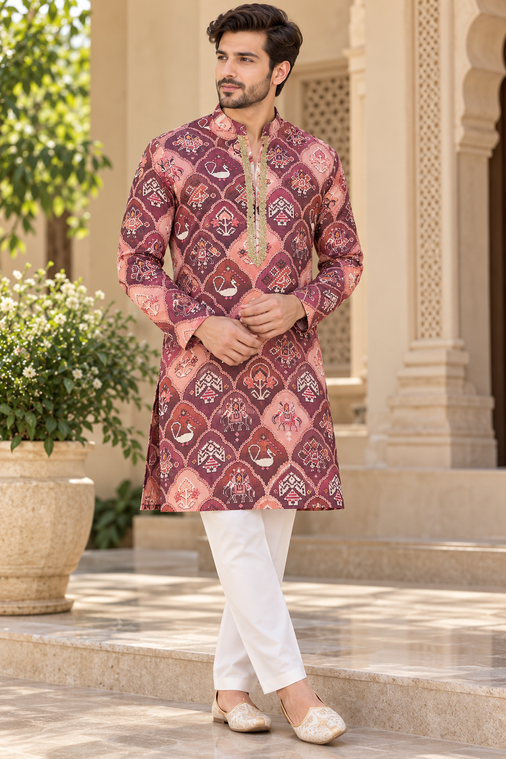 KPD6012 V-Neck Dusty Rose & Wine Printed Kurta with White Pyjama Set