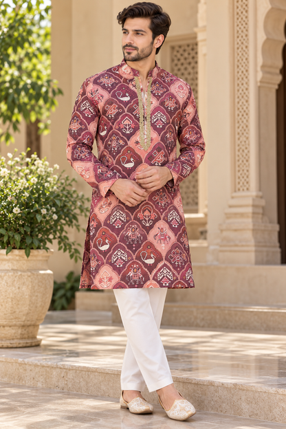 KPD6012 V-Neck Dusty Rose & Wine Printed Kurta with White Pyjama Set