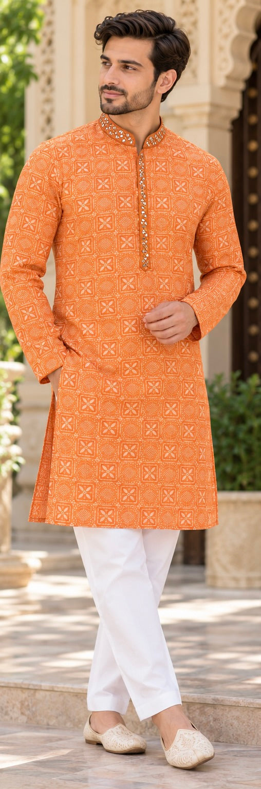 KPD6015 Orange Printed Kurta with White Pyjama Set