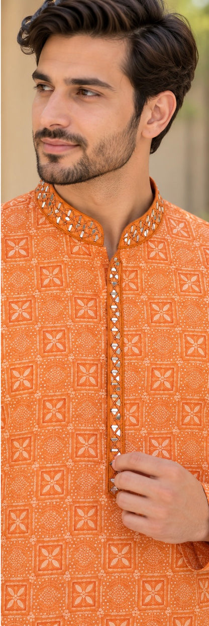 KPD6015 Orange Printed Kurta with White Pyjama Set