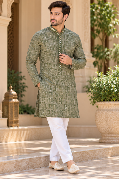 KPD6018 Sage Green Printed Kurta with White Pyjama Set