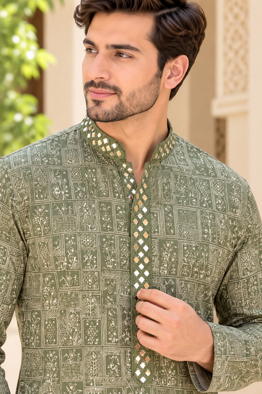 KPD6018 Sage Green Printed Kurta with White Pyjama Set