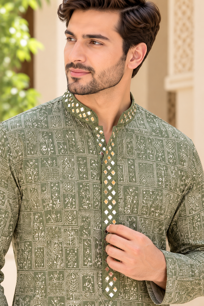 KPD6018 Sage Green Printed Kurta with White Pyjama Set