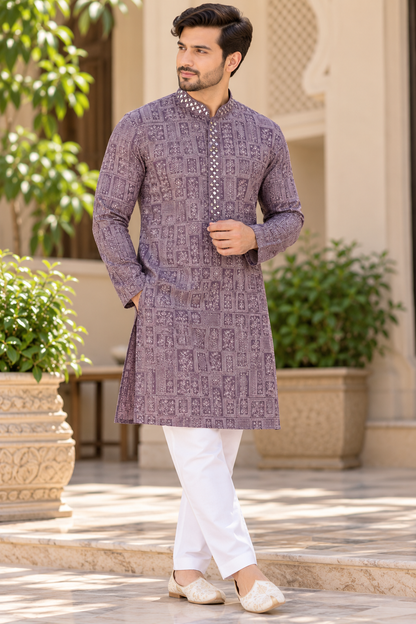 KPD6019 Dusty Mauve Printed Kurta with White Pyjama Set