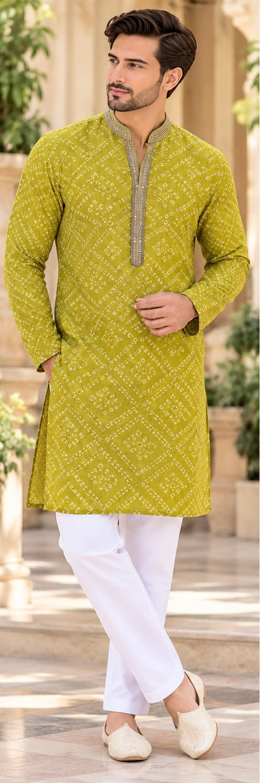 KPD6020 V-Neck Lime Green Printed Kurta with White Pyjama Set