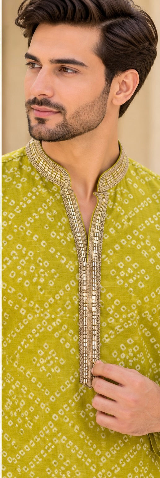 KPD6020 V-Neck Lime Green Printed Kurta with White Pyjama Set