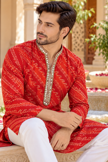 KPD6021 V-Neck Red Bandhani Printed Kurta with White Pyjama Set