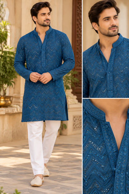 KPD6002 Teal Blue Heavy Thread & Sequin Work Rayon Kurta with Lining & White Pant Set