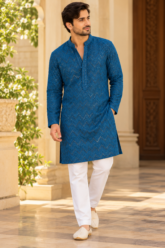 KPD6002 Teal Blue Heavy Thread & Sequin Work Rayon Kurta with Lining & White Pant Set