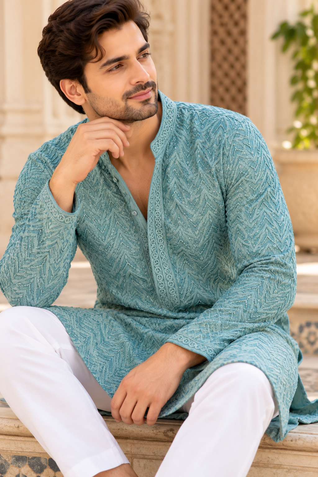 KPD6004 Ice Blue Heavy Thread & Sequin Work Rayon Kurta with Lining & White Pant Set
