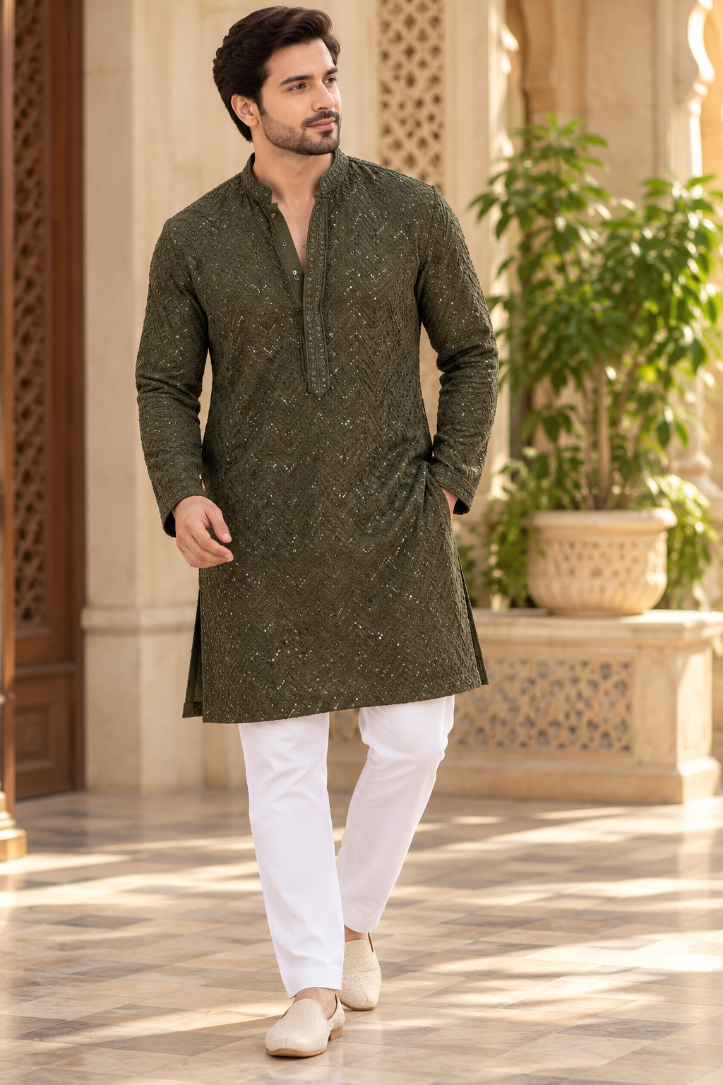 KPD6003 Olive Green Heavy Thread & Sequin Work Rayon Kurta with Lining & White Pant Set