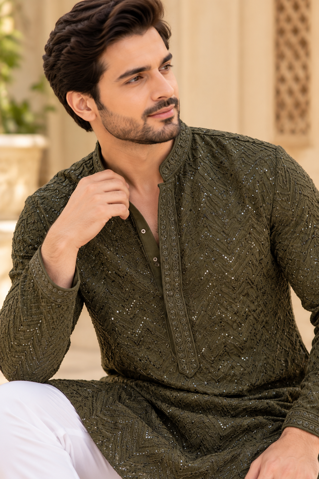 KPD6003 Olive Green Heavy Thread & Sequin Work Rayon Kurta with Lining & White Pant Set
