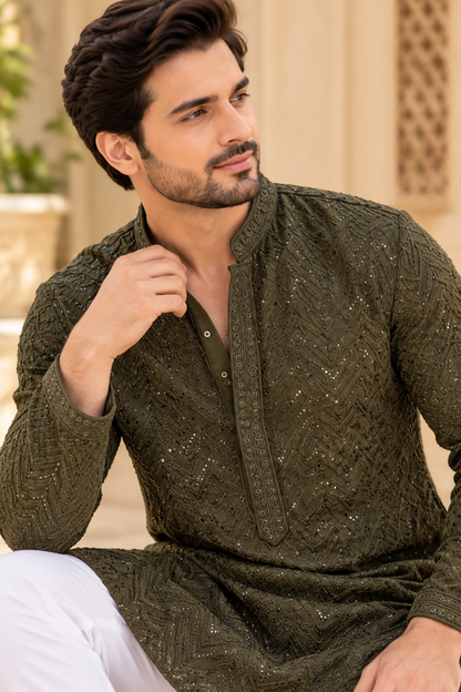KPD6003 Olive Green Heavy Thread & Sequin Work Rayon Kurta with Lining & White Pant Set
