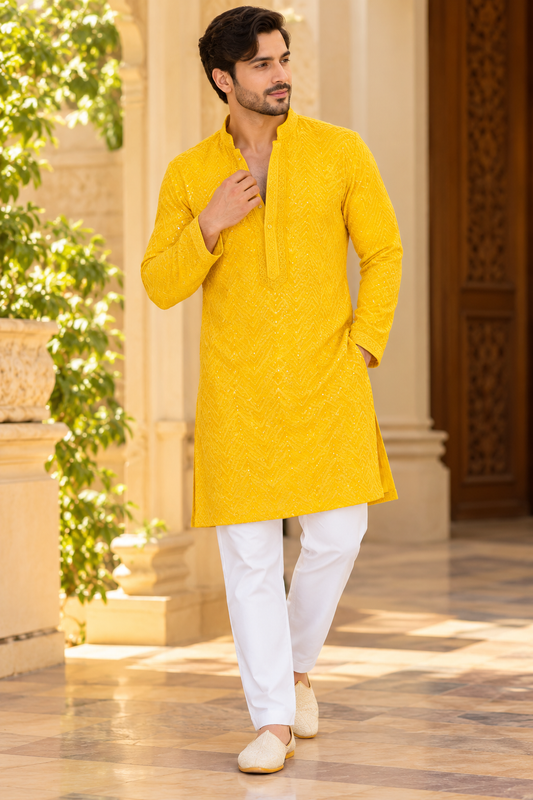 KPD6263 Yellow Thread & Sequins Work Kurta Pyjama Set