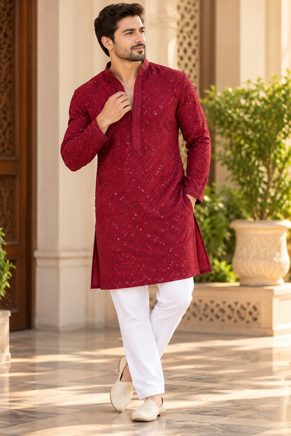 KPD6006 Red Heavy Thread & Sequin Work Rayon Kurta with Lining & White Pant Set