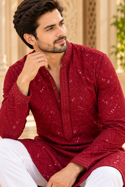 KPD6006 Red Heavy Thread & Sequin Work Rayon Kurta with Lining & White Pant Set