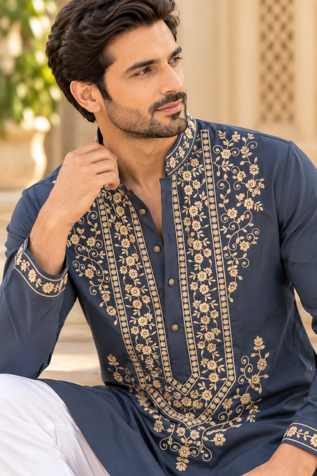 KPD6008 Midnight Blue & Gold Floral Embroidered Kurta with White Pyjama Set