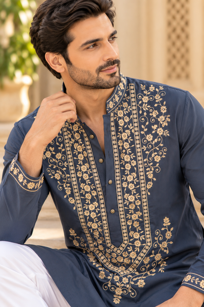 KPD6008 Midnight Blue & Gold Floral Embroidered Kurta with White Pyjama Set