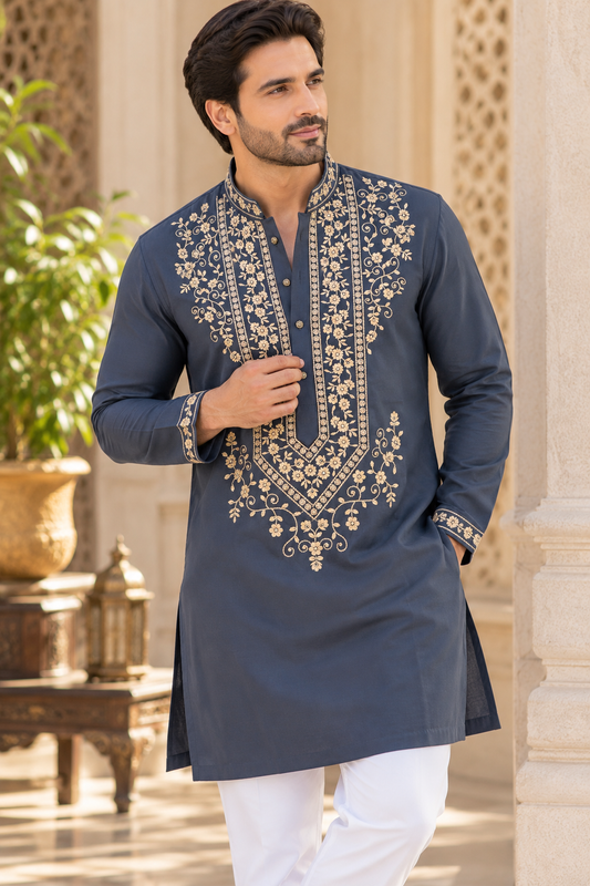 KPD6008 Midnight Blue & Gold Floral Embroidered Kurta with White Pyjama Set