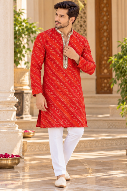 KPD6021 V-Neck Red Bandhani Printed Kurta with White Pyjama Set
