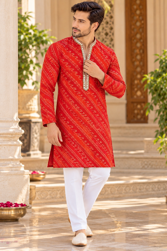 KPD6021 V-Neck Red Bandhani Printed Kurta with White Pyjama Set
