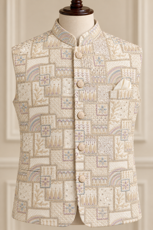 KPJ7146 Ivory & Pastel Embroidered Nehru Jacket