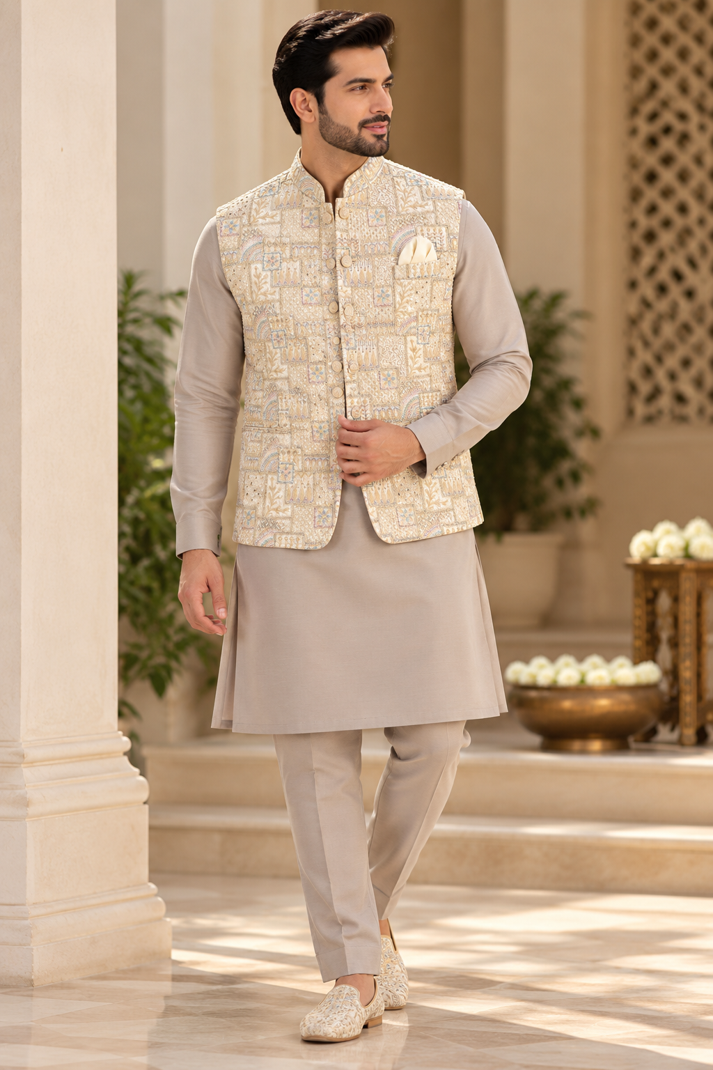 KPJ7146 Ivory & Pastel Embroidered Nehru Jacket