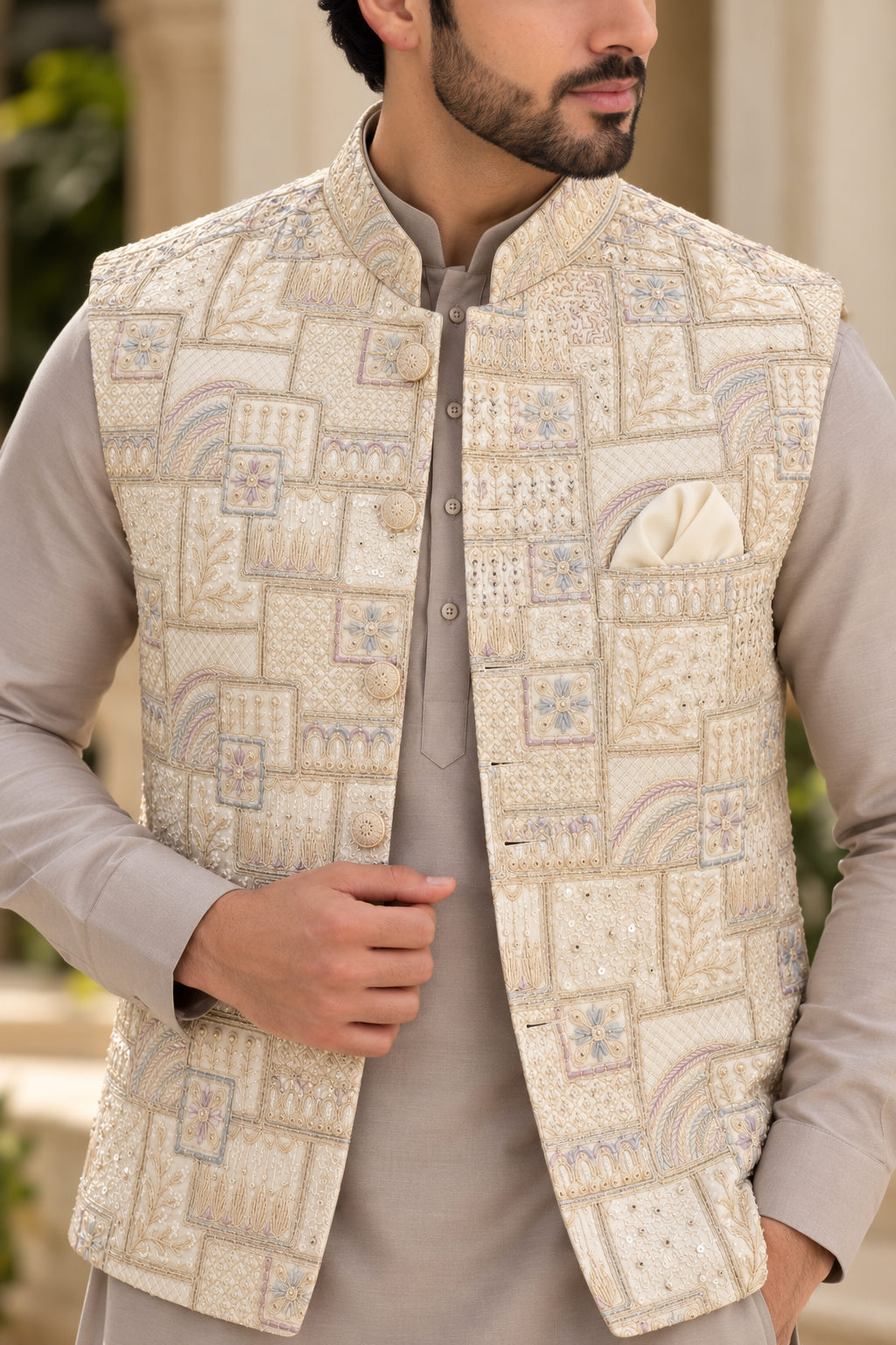 KPJ7146 Ivory & Pastel Embroidered Nehru Jacket