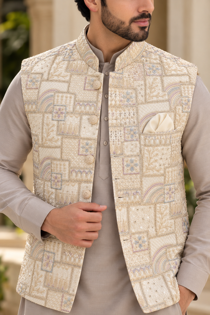 KPD7148 Ivory Embroidered Nehru Jacket with Greige Kurta Pant Set