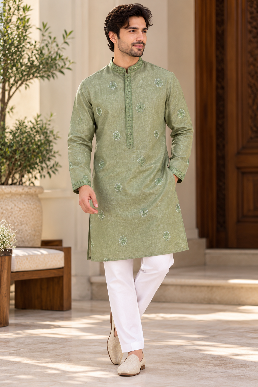 KPD6022 Sage Green Linen Embroidered Kurta with White Pyjama Set