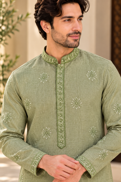 KPD6022 Sage Green Linen Embroidered Kurta with White Pyjama Set