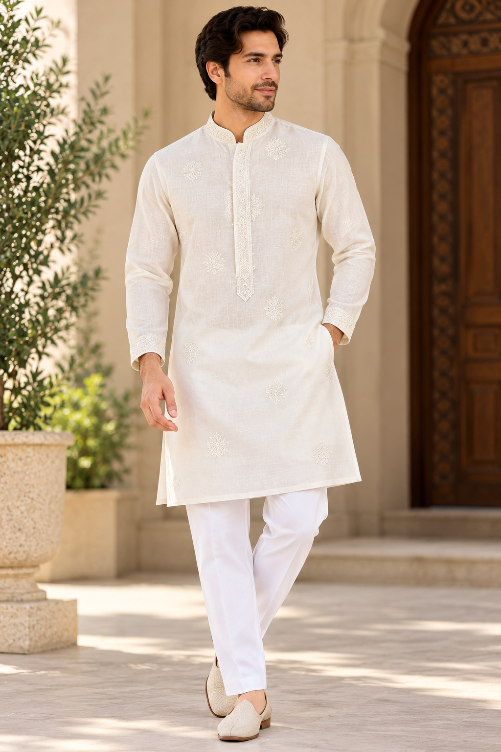 KPD6024 Ivory Linen Embroidered Kurta with White Pant Set