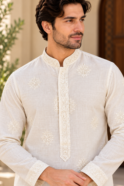 KPD6024 Ivory Linen Embroidered Kurta with White Pant Set