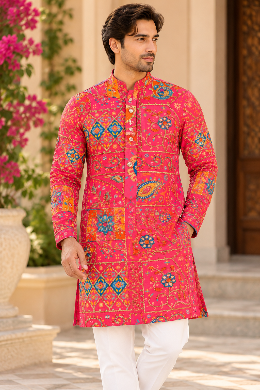 KPD6028 Rani Pink Patchwork Printed Kurta with Lining and White Pyjama Set