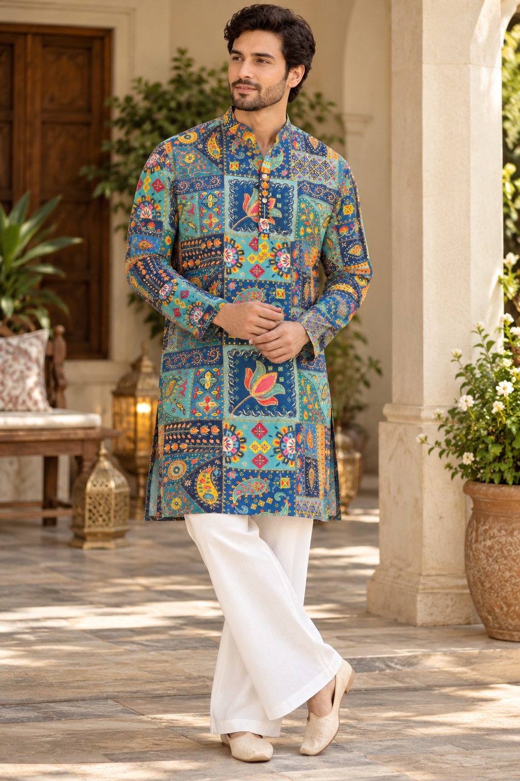 KPD6031 Teal Blue Patchwork Printed Kurta with Lining & White Pyjama Set