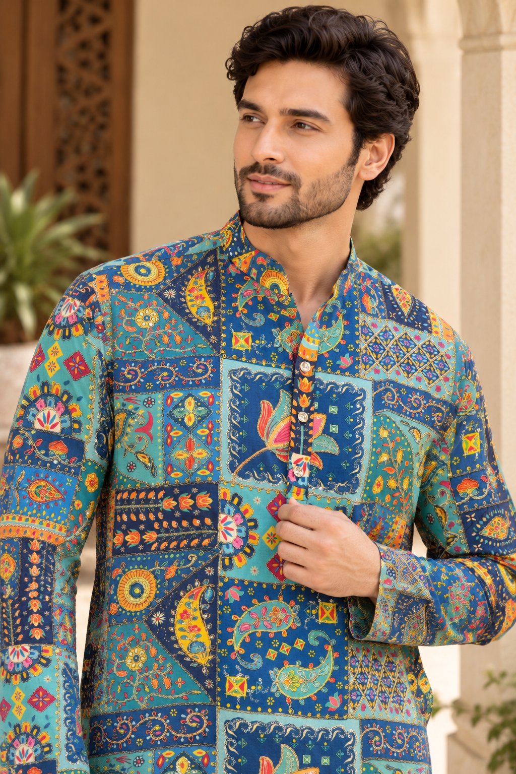 KPD6031 Teal Blue Patchwork Printed Kurta with Lining & White Pyjama Set