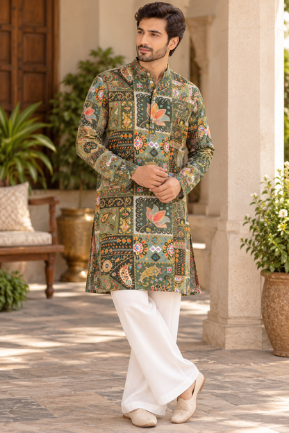 KPD6030 Olive Green Patchwork Printed Kurta with Lining & White Pyjama Set