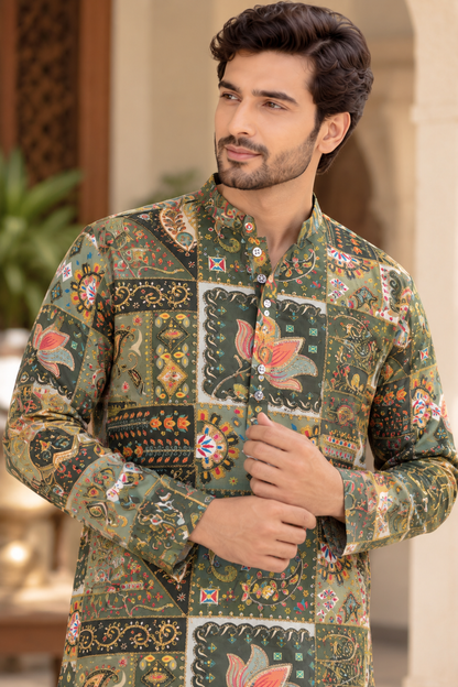 KPD6030 Olive Green Patchwork Printed Kurta with Lining & White Pyjama Set