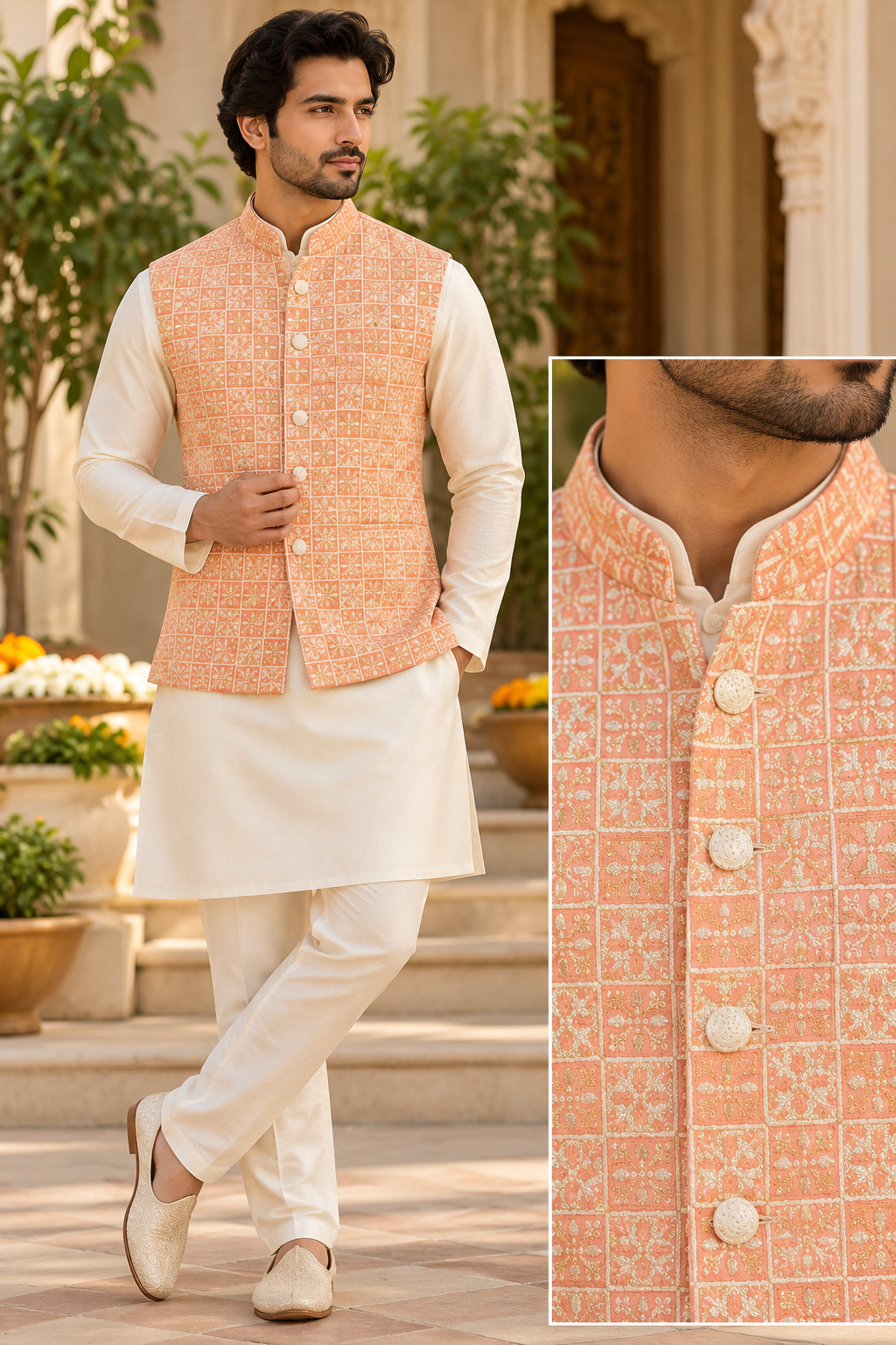 KPD7152 Orange Embroidered Mosaic Nehru Jacket with Ivory Kurta Pant Set