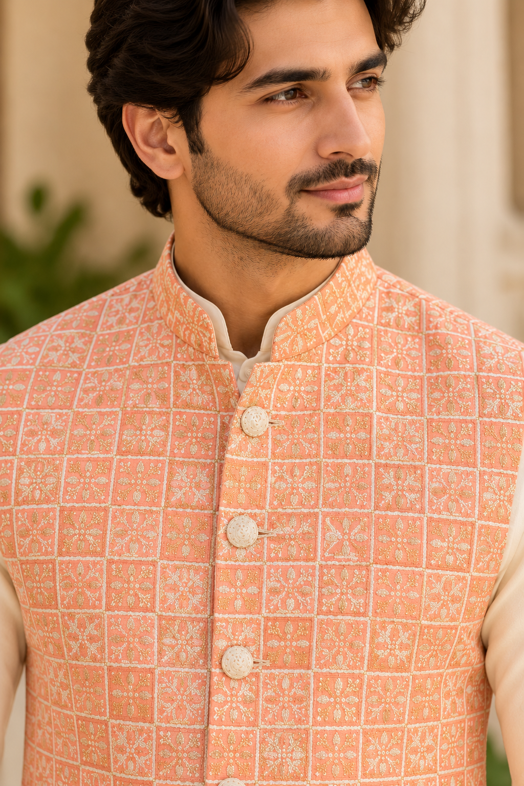 KPJ8004 Orange Geometric Grid Embroidered Nehru Jacket