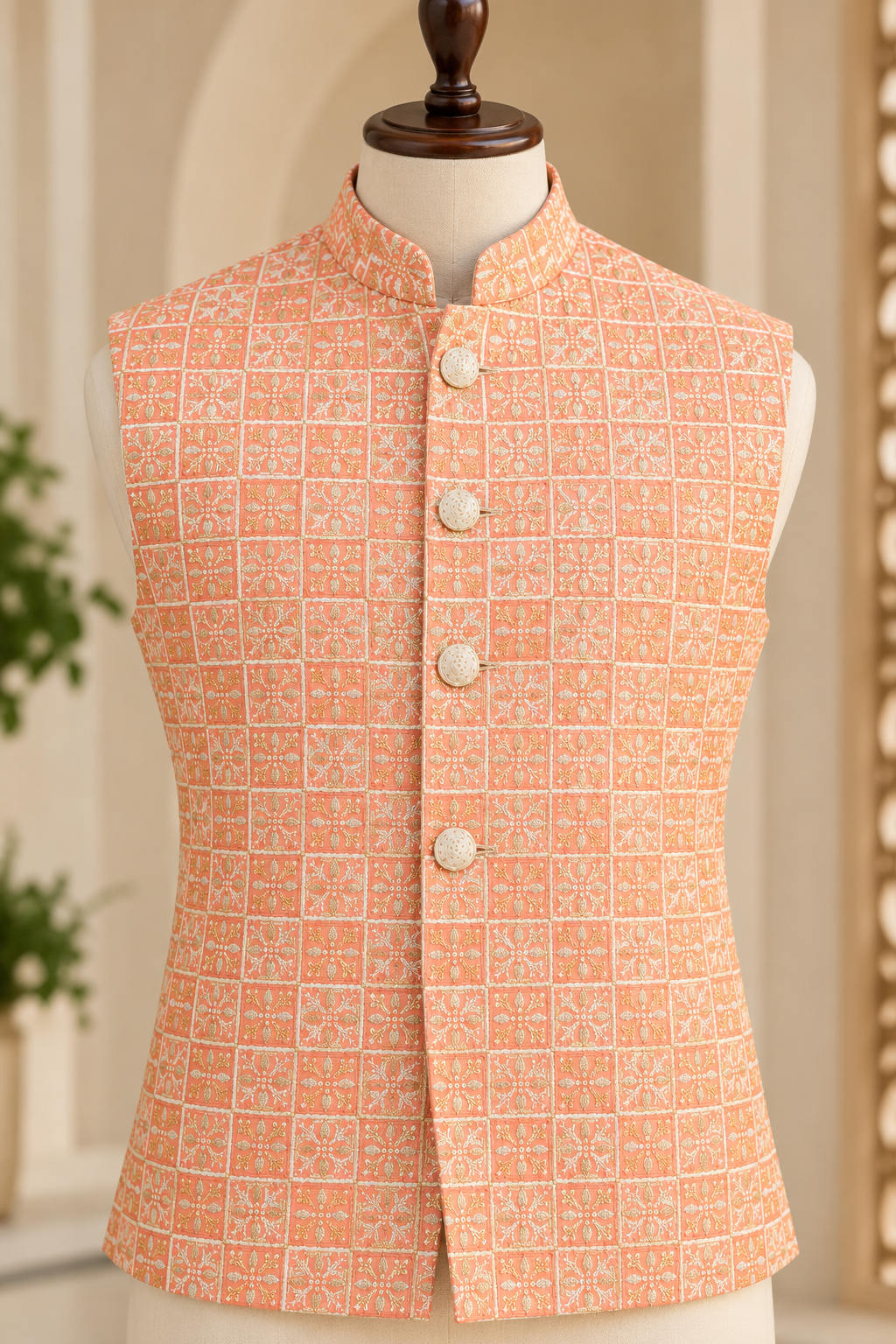 KPJ8004 Orange Geometric Grid Embroidered Nehru Jacket
