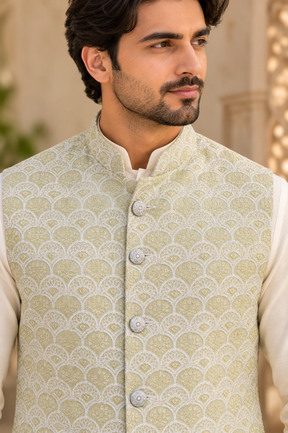 KPJ8003 Sage Green Embroidered Nehru Jacket